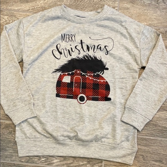 Tops - Christmas sweatshirt camper tree gray red black S